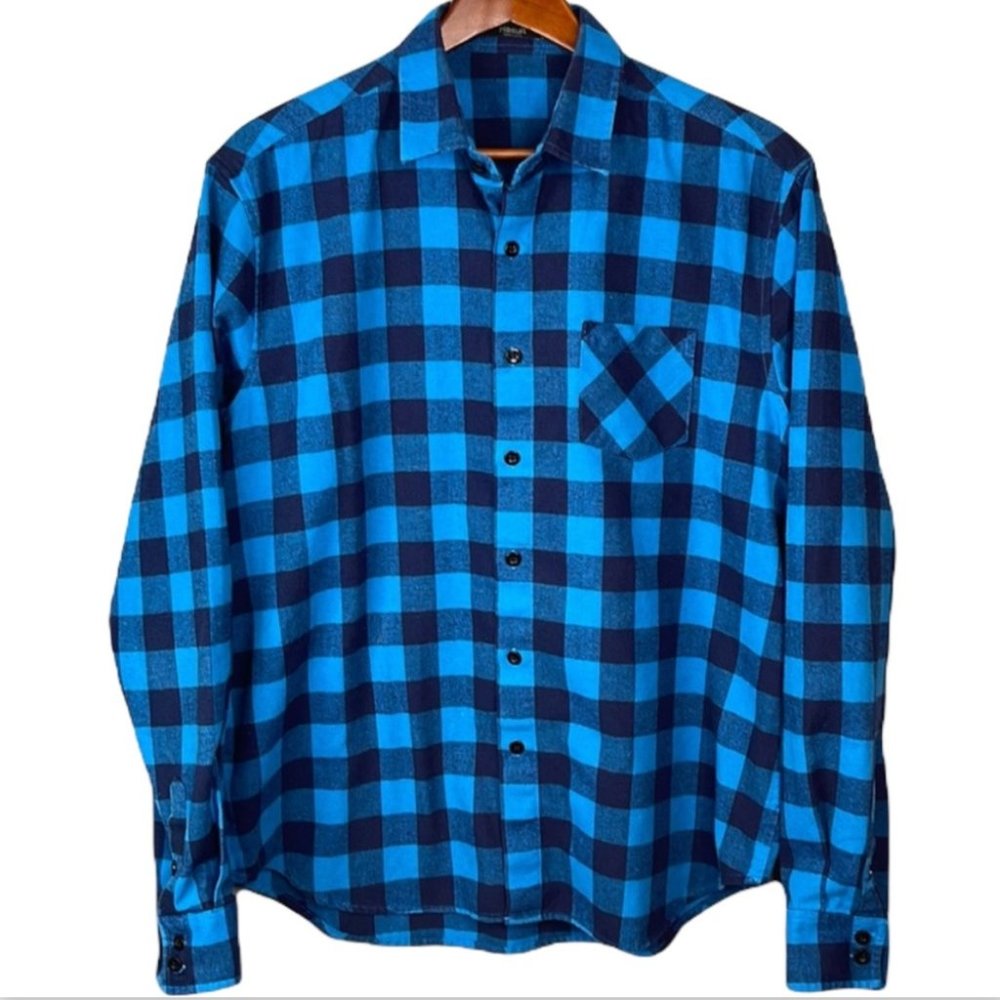 Hasuit Flannel Shirt Blue Buffalo Plaid Brush Cotton Long Sleeve Button Up XL